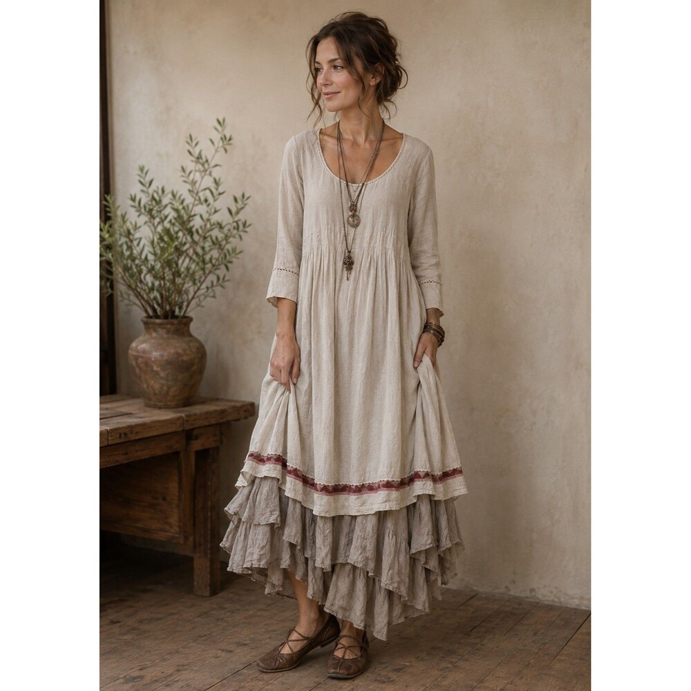 Eka Maxi Dress Linen Sustainable 3/4 Sleeve Peasant Lagenlook Natural Ivory S